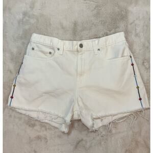 Lucky Brand White Denim Relaxed Short Raw Hem Geo Embroidery Size 10/30